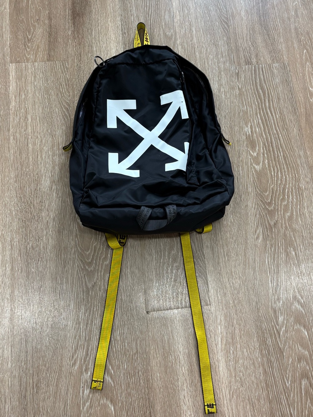 Off-White Black Backpack with White Arrow Graphic and Yellow Straps